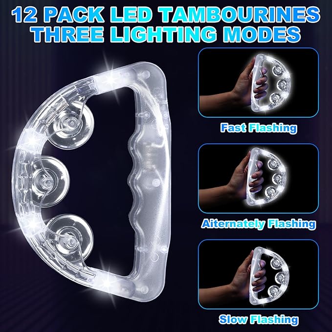 Yunsailing 24 Pack LED Light up Tambourines Musical Flashing Tambourine Toys Handheld Percussion Instrument Glow in The Dark Party Supplies for Teenagers Adults Wedding Party Favors (White)