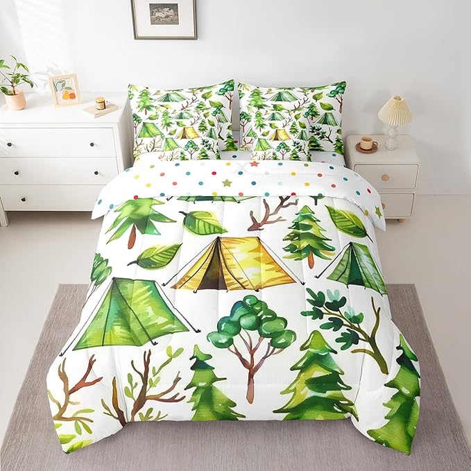 jejeloiu Happy Camping Comforter Set with Sheets Queen Size 7 Pieces Kids Summer Tree Branches Woodland Bedding Set for Boys Girls Leaves Pattern Nature Theme Bed in a Bag Room Decor