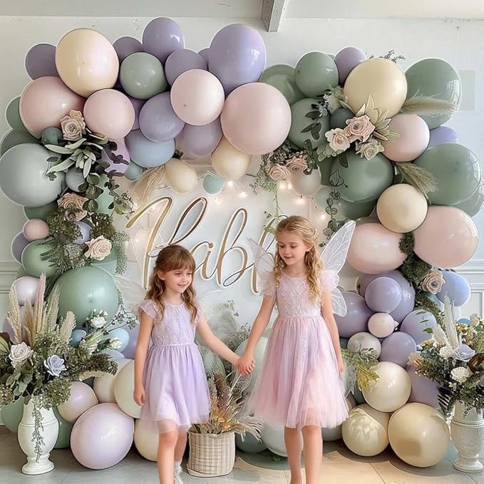 Dusty Green Purple Pink Balloon Arch, Double Stuffed Lavender Light Sage Green Ivory Blush Pastel Balloon Garland Kit for Baby Shower Birthday Wedding Bridal Wild-Flower Easter Party Decoration