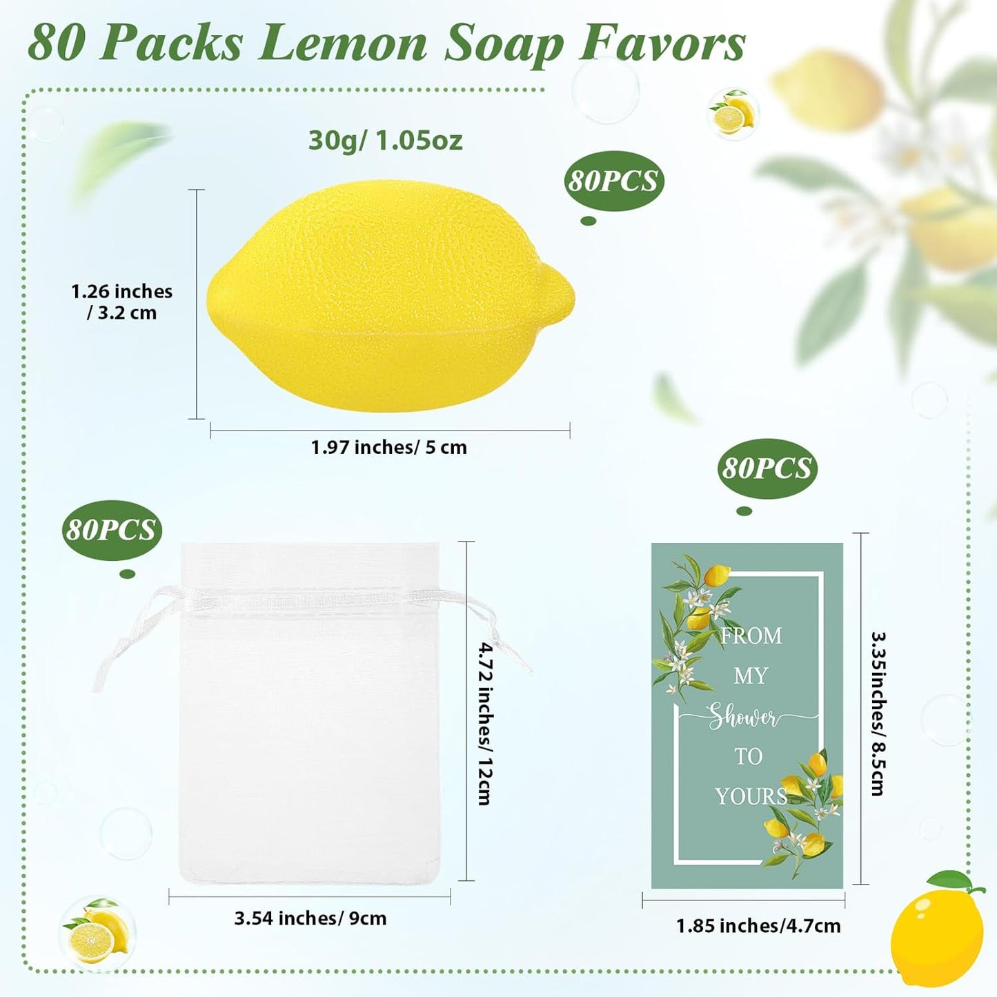 Lounsweer Set of 80 Wedding Lemon Soap Favors Mini Bridal Shower Favors Natural Lemon Shaped Soap Bar with from My Shower to Yours Cards and White Organza Bags for Party Baby Shower Decorations