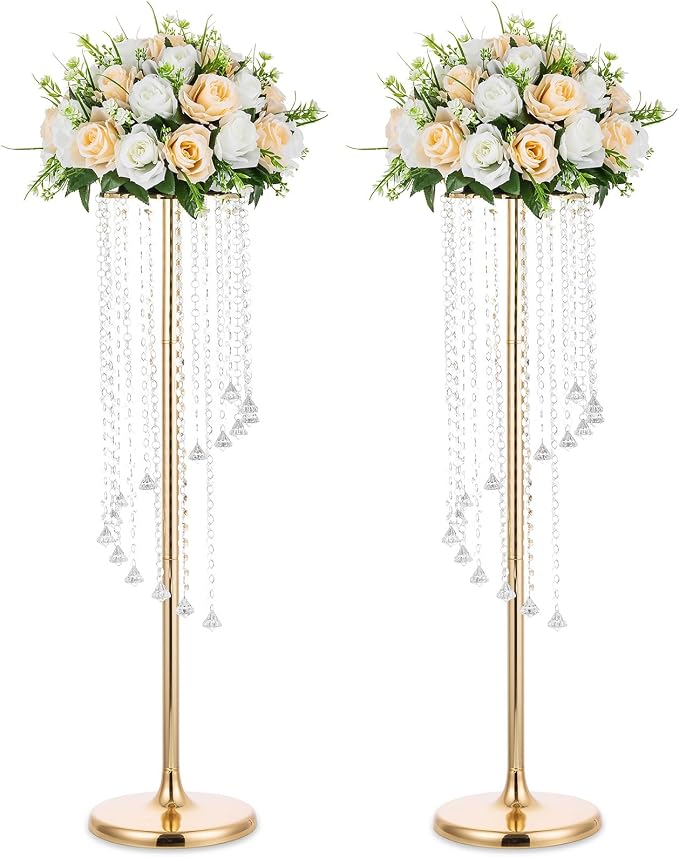 Nuptio Wedding Centerpieces Gold Vases: 2 Pcs 35.4in Tall Crystal Flower Vase Metal Flowers Stand for Party Tables Decorations - Elegant Bulk Weddings Decoration Table Chandelier Centerpiece Stands