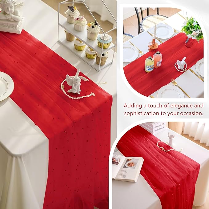 Fivenl 12 Pack 10FT Pearl Table Runner 30x120 Inch Red Tulle Fabric Boho Rustic Sheer Table Runners Lace Table Cloth for Wedding Bridal Shower Birthday Party Arch Veil Dessert Table Decor (Red)