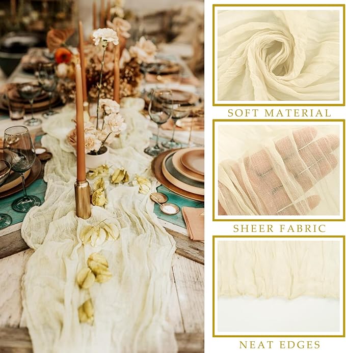 Beige Cheesecloth Table Runner 10FT Runner for Tables Boho Gauze Fabric Table Runner Decoration Rustic Sheer Runner for Wedding Bridal Shower Birthday Party Table Decor (35 x 120 Inches Long)