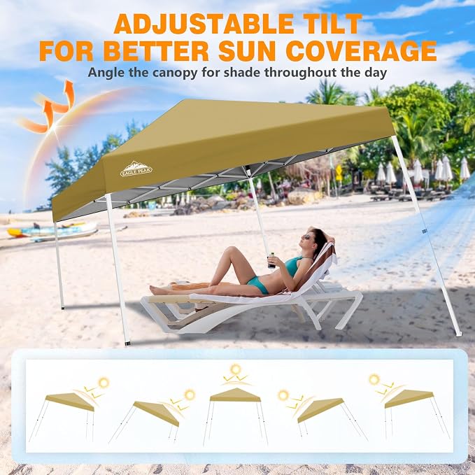 EAGLE PEAK 10x10 Slant Leg Pop-up Canopy Tent Easy One Person Setup Instant Outdoor Beach Canopy Folding Portable Sports Shelter 10x10 Base 8x8 Top (Beige)