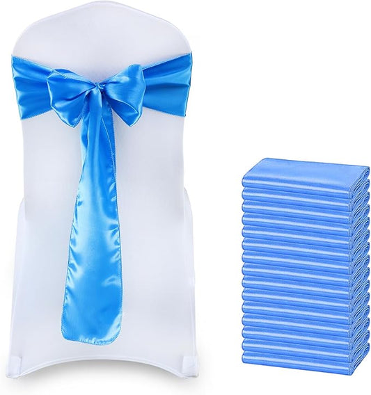 MDS Satin Chair Sashes, 150 Pack, 7”x108” Each, Decorative Chair Bows Ribbon Tie Backs for Wedding Party, Holiday Dinner, Birthday, Reception, Banquet, Hotel & Event Decoration - Blue