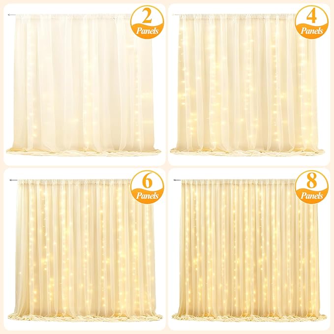Ledido 3 Pack 10×8ft Blue Tulle Backdrop Curtains with Lights String - 900LED Fairy Lights Sheer Curtain Backdrop for Wedding Baby Shower Photo Shoot Birthday Party Decoration(6 Panels 5×8ft)，Blue