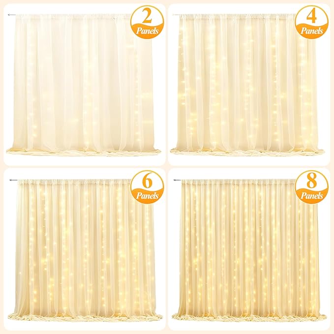 Ledido 3 Pack 10×10ft Blue Tulle Backdrop Curtains with Lights String - 900LED Fairy Lights Sheer Curtain Backdrop for Wedding Baby Shower Photo Shoot Birthday Party Decoration(6 Panels 5×10ft)，Blue