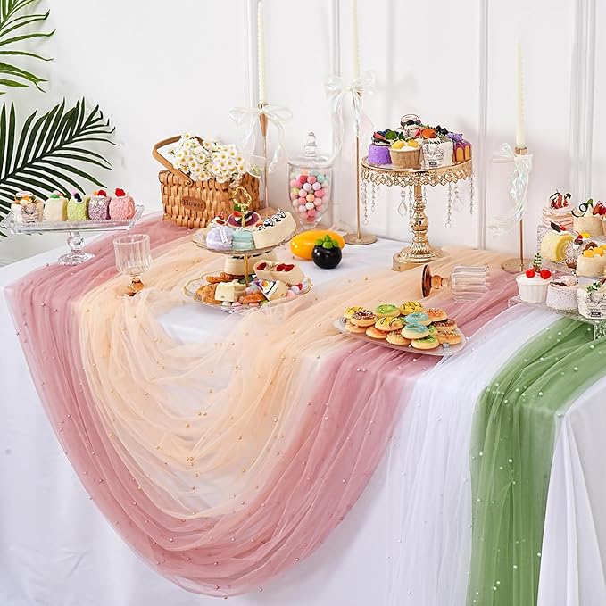 LuoluoHouse Dusty Pink Pearl Table Runner: Tulle 10ft Pearl Tulle Fabric Centerpieces Wedding Lace Tablecover Arch for Bridal Shower Veil Baby Shower Sweetheart Birthday Table Decorations