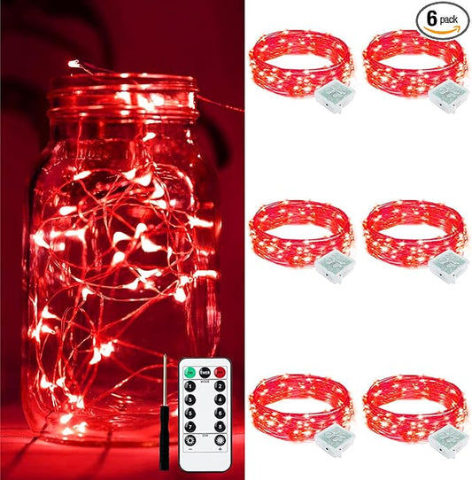 ZGWJ 6 Pack Fairy Lights Battery Operated with Remote, 7ft 20 LED Mini Fairy String Lights with Timer 8 Lighting Modes Waterproof for Halloween Christmas Tree DIY, Parties, Bedroom Decorations Red