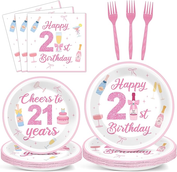 96PCS 21st Champagne Bottle Birthday Decorations Happy 21st Pink Champagne Tableware Set Cheers to 21 Years Paper Plates Napkins for Girls Martini Theme Twenty-One Party Supplies Serve 24 Guests