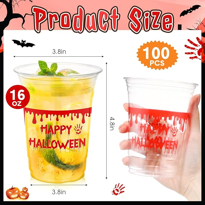 100 Pcs Halloween Plastic Cups 16 oz Clear Disposable Blood Print Halloween Cups Bulk for Trick or Treat Spooky Scary Party Supplies Decoration