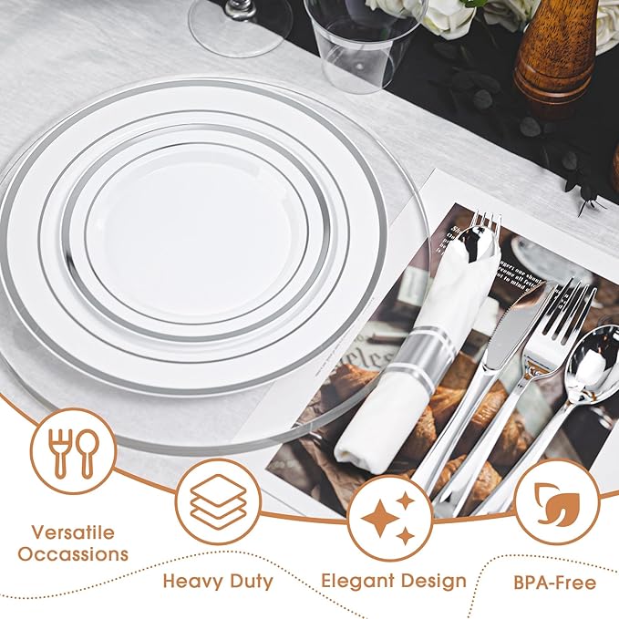 N9R 350PCS Silver Plastic Dinnerware Set for 50 Guests, Gold Disposable Plates for Party, Include:100 Plastic Plates, 50 Pre Rolled Napkins with Silverware and 50 Cups