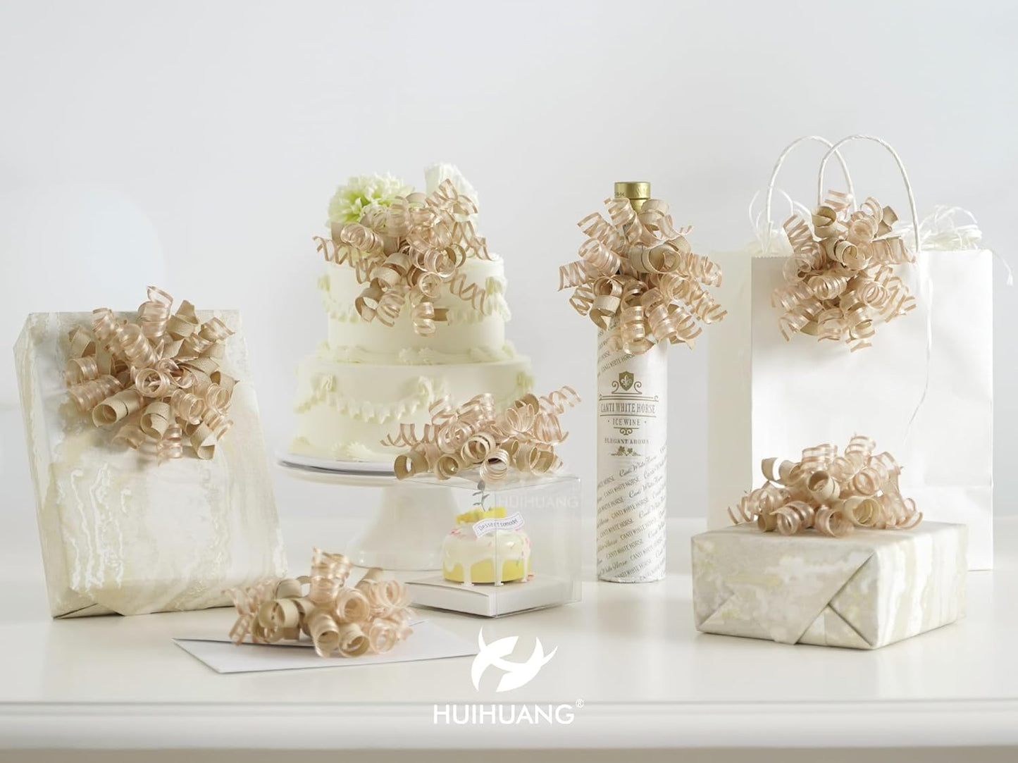 HUIHUANG Curly Bows for Gift Wrapping Champagne Gift Bow 5 inch x 8 Counts Self-Adhesive Ribbon Bows for Presents, Paper Bag, Party Favors, Wrapping Accessories, Holiday Wedding Decoration