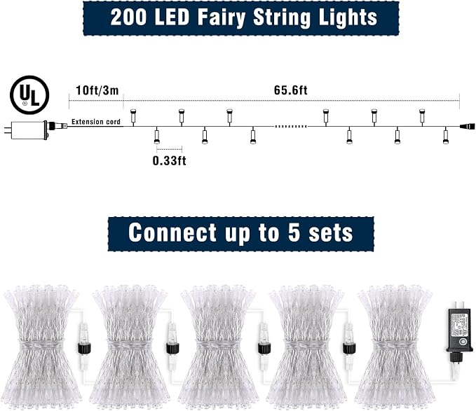 Christmas Lights Outdoor Waterproof Colorful String Lights Indoor 8 Modes Clear Wire 66ft 200 LED, Twinkle Fairy Lights Plug in for Bedroom Wedding Party Decorations, Pastel Multicolor