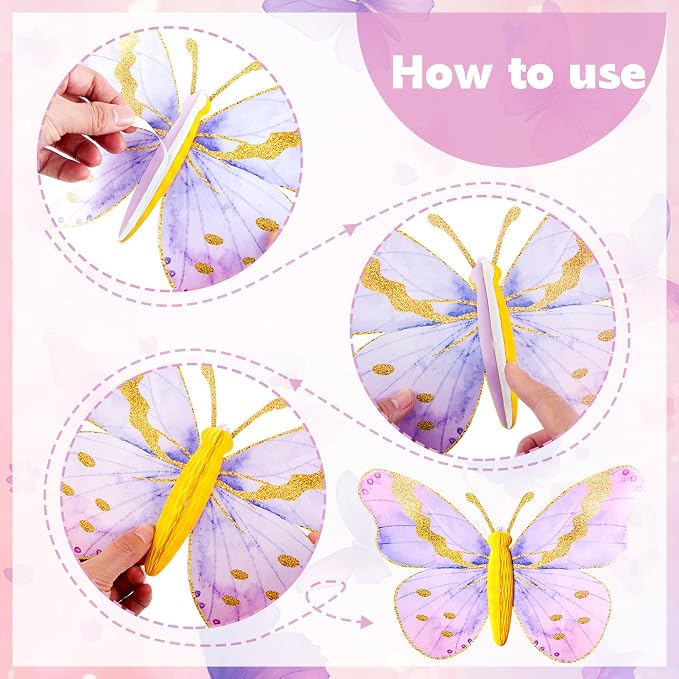 SUNBEAUTY 10 Pcs Butterfly Party Decorations 3D Butterfly Hanging Birthday Decoration Pink Purple Butterflies Honeycomb Decor for Girls Women Birthday Baby Shower Wedding Garden Party Supplies