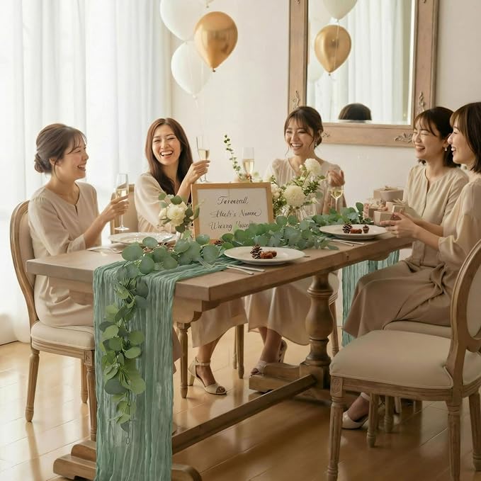 Leinuosen 8 Set 10 Ft Sage Green Cheesecloth Table Runner Wedding Decor with 6 Ft Eucalyptus Garland, Boho Gauze Table Centerpiece Runner for Wedding Baby Shower Birthday Party Decoration