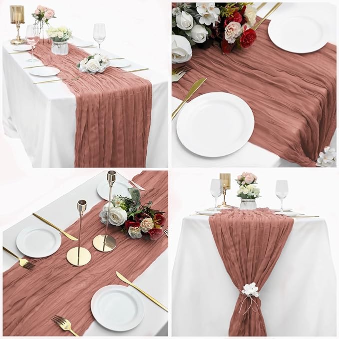 15 Pack Cheesecloth Table Runner 10Ft Cheese Cloth Table Runner 35 x120Inch Boho Gauze Table Runners Rustic Table Cover for Romantic Wedding Birthday Party Bridal Baby Shower Table Decor(Dusty Blush)