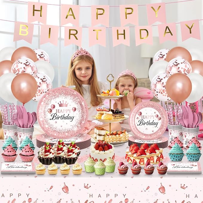 Rose Gold Birthday Party Supplies,212Pcs Disposable Party Decorations Includes Disposable Paper Plates, Napkin, Fork, Knives Spoons Cup, Tablecloth, Banner Balloons Straws for 24 Guests