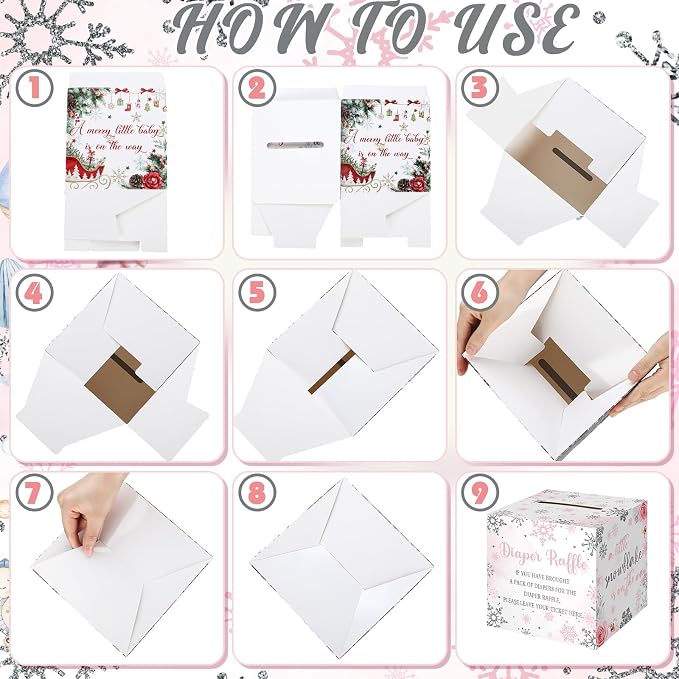 Teling 51 Pieces Diaper Raffle Tickets with Card Box Baby Shower Decorations Baby Shower Holder Box for Girl Boy Diaper Raffle Party(Pink Snowflake)