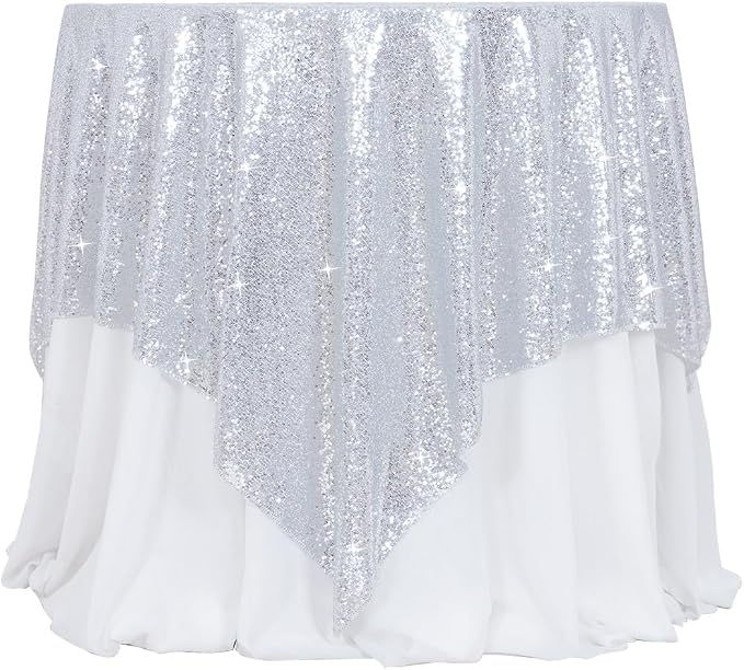 Poise3EHome Silver Sequin Tablecloth 90×90 Inch Square Sequin Fabric Table Cover Overlay for Christmas Baby Shower Birthday Party Wedding Holiday Cake Table Decoration
