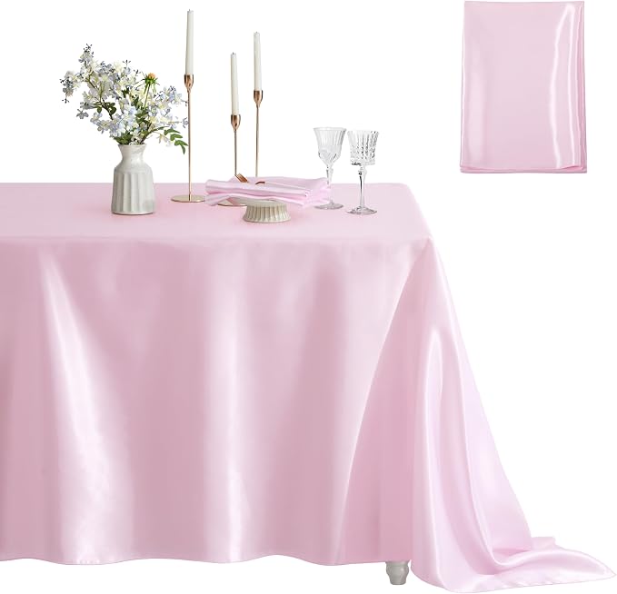 1 Pack Satin Table Cover Rectangle Silkly Soft Table Cloth, Satin Dining Table Cloths for Wedding Banquet Table Decoration, Dining Room, Indoor and Outdoor Use, 60 x 120 Inches, Pink