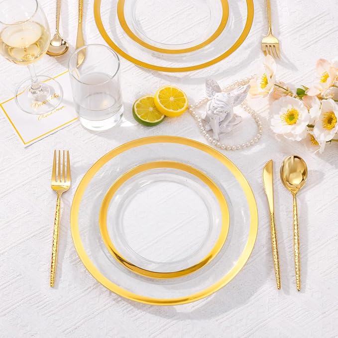 360PCS Hammered Gold Plastic Silverware, Heavy Duty Plastic Utensils | Heavyweight 120 forks, 120 spoons, 120 knives disposable cutlery Elegant Plastic flatware for wedding catering party