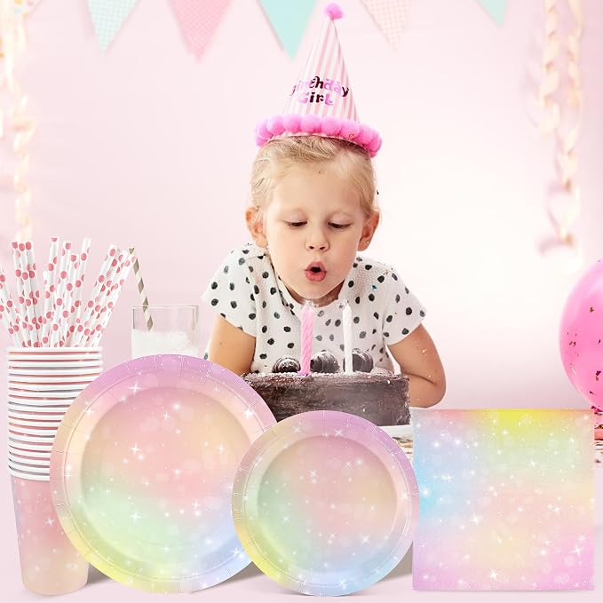 Recheel Pastel Birthday Party Supplies Decorations, Rainbow Theme Birthday Paper Plates and Napkins Set with Cups and Straws for 24 Guests, 120 Pcs Disposable Party Dessert Dinnerwares