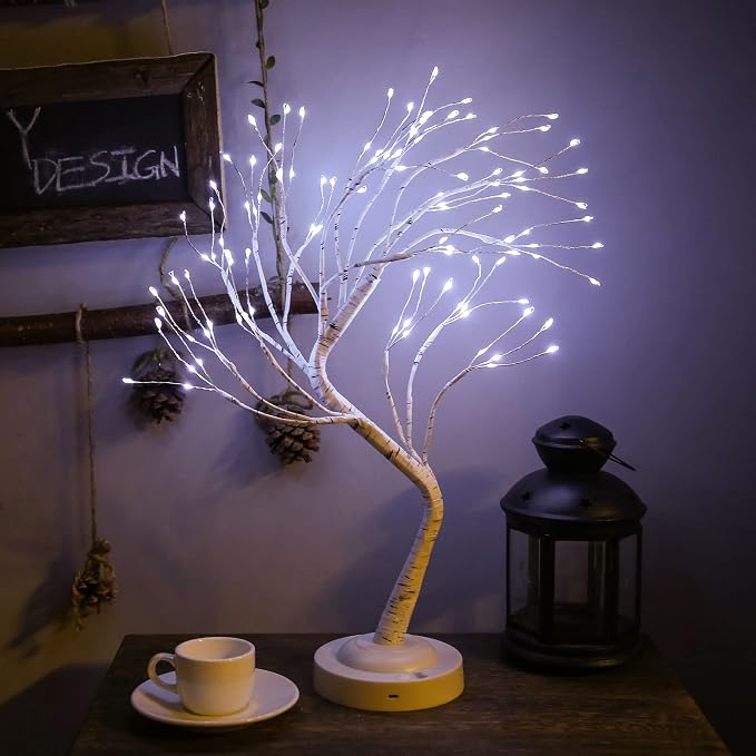20'' LED Birch Tree Light,108L Bonsai Tree Lamp,Fairy Light Tree with 8 Modes & 6 Hrs Timer,Artificial Tree with Lights USB & Battery Operated,Lighted Tree Indoor for Room Decoration(White Glow) Glow