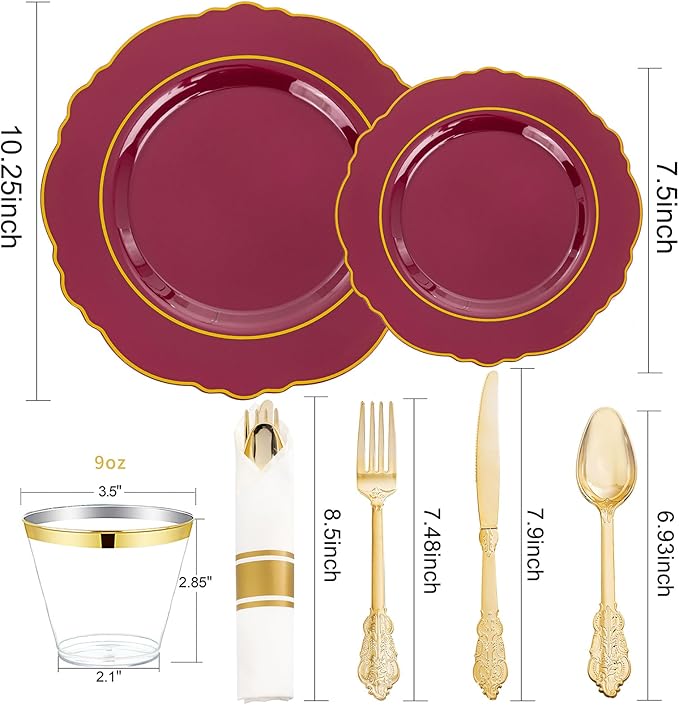 Liacere 175PCS Red Plastic Plates - Disposable Burgundy Red and Gold - 25guest Baroque Plastic Dinnerware include 50Plates, 25Pack Pre Rolled Napkins with Silverware 25Cups for Party&Mothers Day