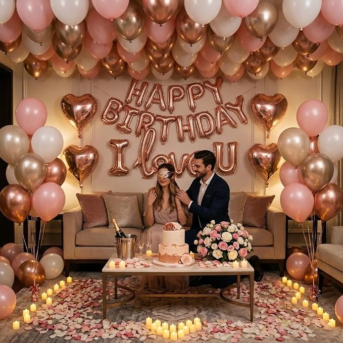 Birthday Room Decorations for Women, Happy Birthday Hotel Room Decorations for Her with Rose Gold Balloons, LOVE Balloon, LED Candle Lights, Rose Petals, Girlfriend Pink Birthday Decorations Set