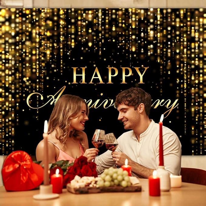 Sensfun Happy Anniversary Backdrop Banner Black Gold Glitter Cheers to Marriage Wedding Party Decorations Shining Flowing Curtain We Still Do Anniversary Sign Photography Background 10x6.5ft