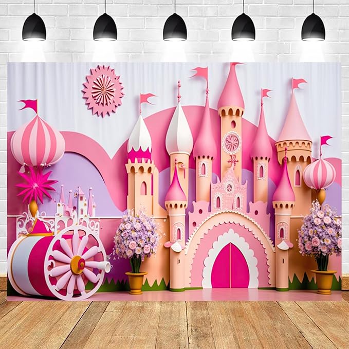 9x6ft Princess Castle Backdrop Pink Purple Floral Girl Birthday Photography Background Kids Birthdays Newborn Baby Shower Banner Decorations Wedding Party Portrait Photo Booth Prop