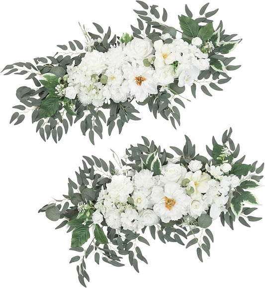 TINGE TIME Flower Garlands, 2 PCS Artificial Eucalyptus Garlands, Handcraft Artificial Rose Garland for Arch Wedding Sweetheart Table Ceremony Backdrop Decorations for Home (IvoryWhite)