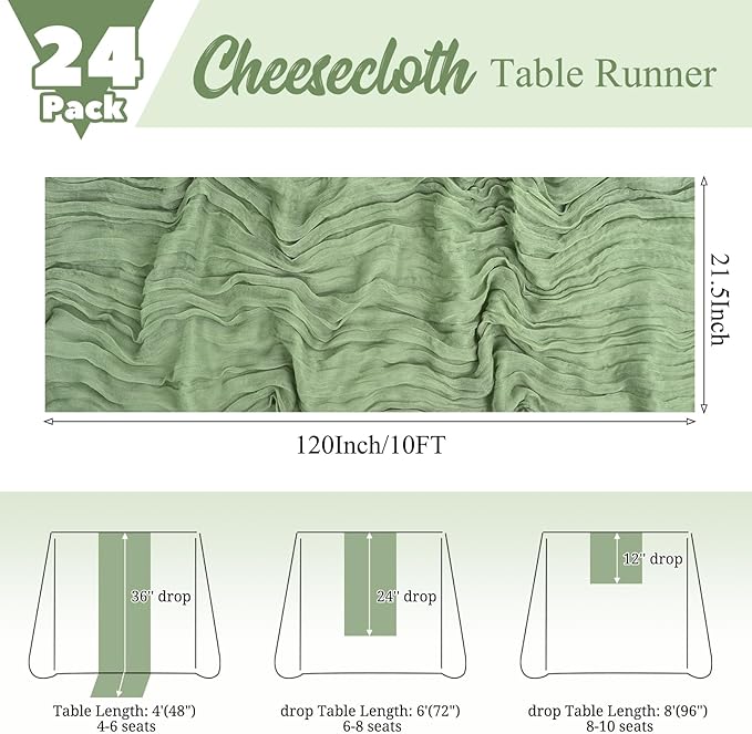 24 Pack Sage Green Table Runner 10Ft Cheesecloth Table Runner Rustic Gauze Table Runners Romantic Long Sage Sheer Fabric Cheese Cloth Table Runners for Wedding Party Bridal Baby Shower