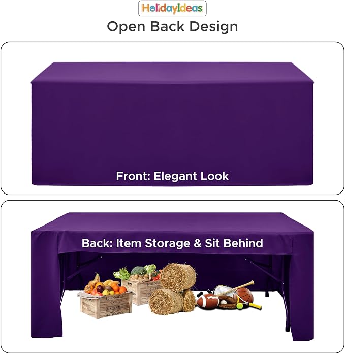 HolidayIdeas 4-Pack 8ft Open Back Fitted Tablecloths for Craft Shows Purple | 3-Sided coverage wrinkle resistant tablecloths for vendor booths,banquet events,outdoor pop-up shop