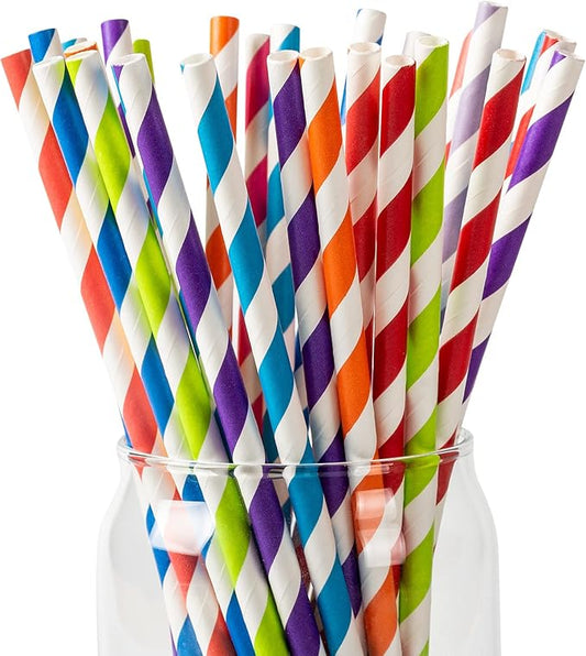 PakTalk [100 Pack] Paper Straws, 10 Assorted Bright Rainbow Striped Drinking Straws for Juice Cocktails Smoothies Cake Pop Sticks Birthday Wedding Christmas Party Decoration(0.24" x 8.27", 10 Colors)