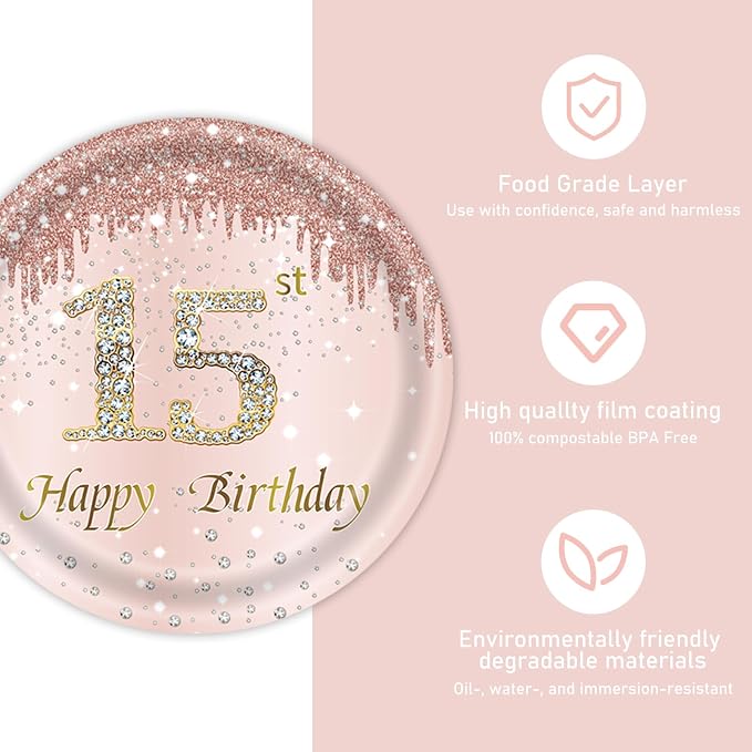 121Pcs 15th Birthday Party Supplies Plates Napkins Cups Forks Tablecloth Rose Gold Happy 15th Birthday Themed Disposable Tableware Decorations Serves 24 Guests for Girls 15 Years Birthday Decor