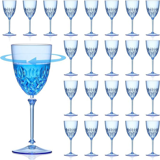 24 pcs Plastic Blue Wine Glasses Set 7.4oz Detachable Small Wine Goblet Champagne Flutes Unbreakable Vintage Diamond Stemware Mimosa Drinking Glassware for Wedding Christmas Event Party