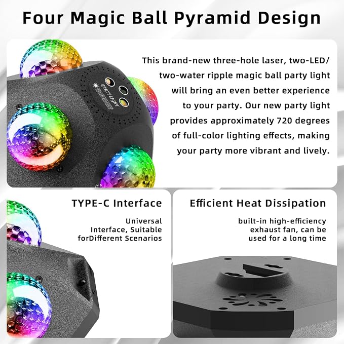 Party Lights 4 Disco Balls in 1 Strobe Light for Parties, Dj Stage Lights Indoor Outdoor Decor Sound Activated with Remote Control Disco Light for KTV Club Party Home Karaoke
