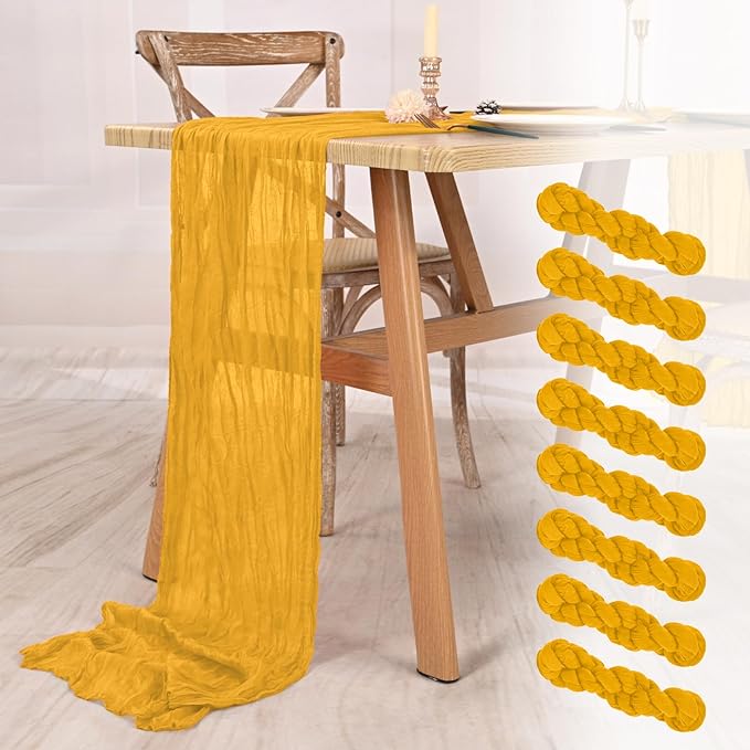 8 Pack Mustard Cheesecloth Table Runner 10FT Boho Gauze Cheese Cloth Table Runner Rustic Sheer Fabric Table Runners for Wedding Bridal Shower Baby Shower Party(21.5×120 Inch)