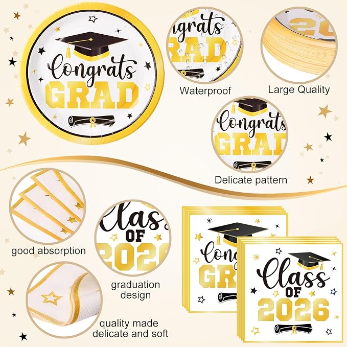 Funnymoom 400 Pcs Graduation Party Supplies Class of 2026 Graduation Paper Plate Napkin Cup Cutlery Congrats Grad Disposable Tableware Set for Grad Party Decorations, Serve 50 (Gold, Black)