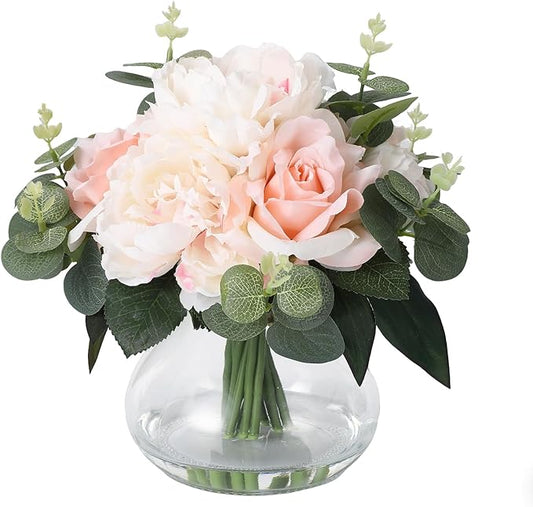Lifelike Artificial Flower Arrangements with 4 Roses + 4 Peonies in Glass Vase with Faux Water for Wedding & Home Table Centerpieces