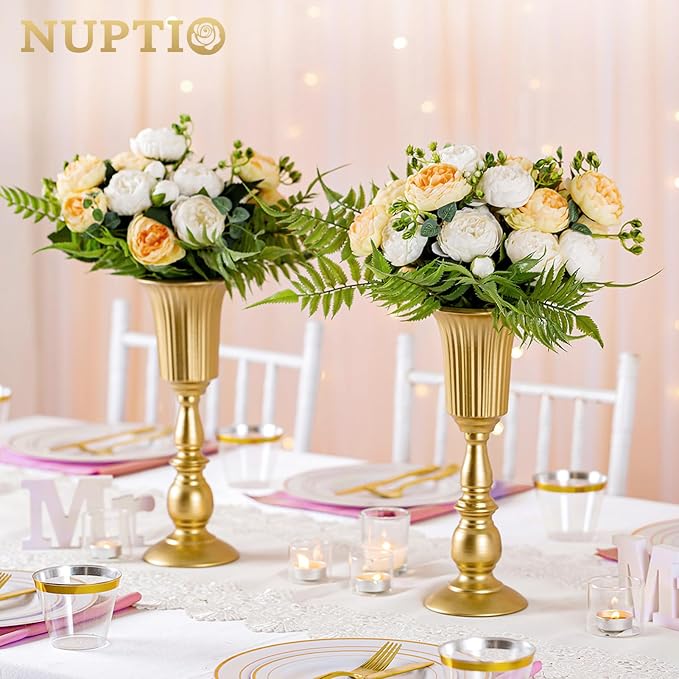 NUPTIO Gold Tall Centerpiece Table: 12.5" Trumpet Vases for Wedding Metal Flower Stand for Party Decorations Set of 10