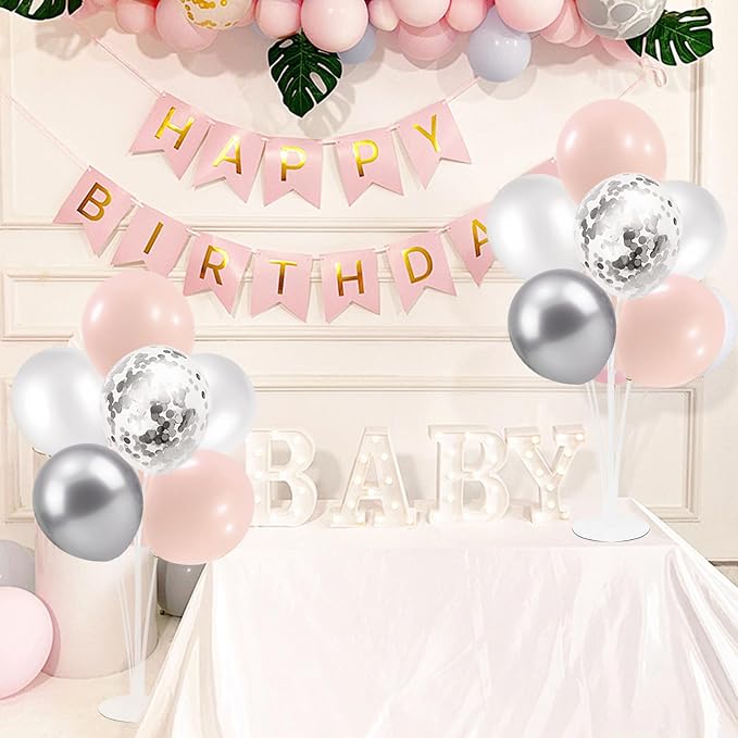 ZJDHPTY 4Set Silver Pink Balloon Stand Girl Baby Shower Decorations | Table Balloon Centerpiece for Girls 1st Sweet 16 Birthday Bridal Shower Engagement Wedding Bachelorette Party Decor