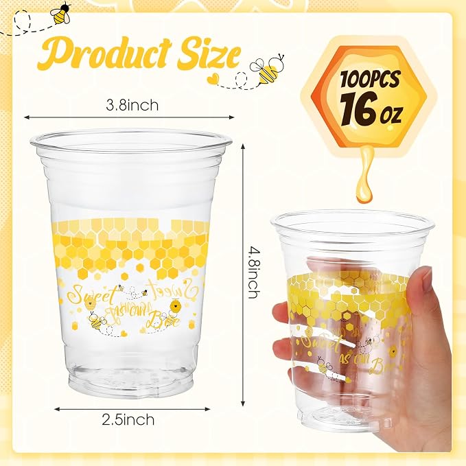 100 Pcs Bee Party Decoration Cups, 16 oz Clear Disposable Honeybee Cups, First Bee Day Theme Party Supplies for Spring Summer Birthday Baby Shower Beverage Snacks