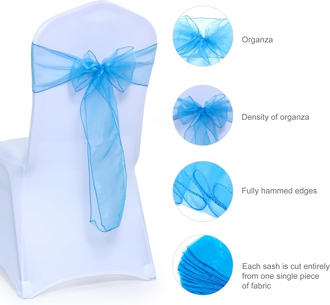 MDS® Pack of 200 Organza Chair Sashes for Wedding Decoration, Reusable Sheer Chair Bows for Banquet Chair Cover, Reception, Bridal Shower, Baby Shower, Birthday Party & Special Events - Blue