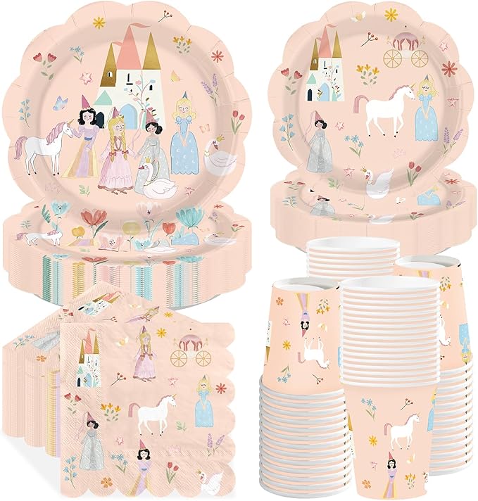 250Pcs Princess Birthday Party Decorations Pink Fairytale Plates Napkins Cups Scalloped Edge Disposable Tableware Set for Girls' Princess Themed Birthday Baby Shower Party Supplies Serves 50