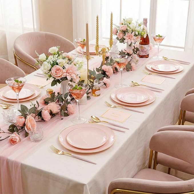 DaYammi 150Pcs Pink Plastic Plates with Gold Rimmed,Heavy Duty Plastic Plates - Pink Disposable Plate Included 30 Dinner plate,30 Dessert plate,30 Knives,30 Forks,30 Spoons for Mother's Day Party