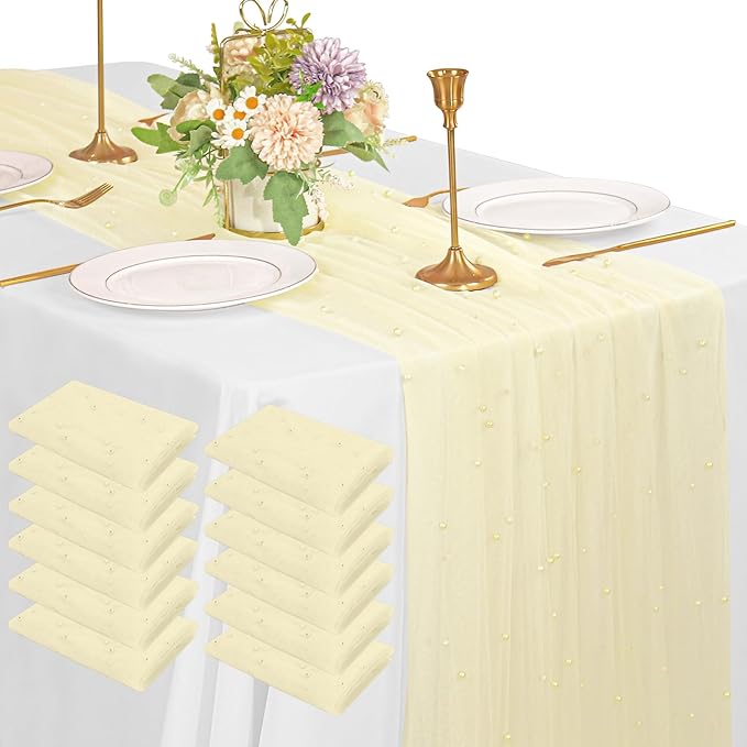 Fivenl 12 Pack 10FT Pearl Table Runner 30x120 Inch Beige Tulle Fabric Boho Rustic Sheer Table Runners Lace Table Cloth for Wedding Bridal Shower Birthday Party Arch Veil Dessert Table Decor (Beige)