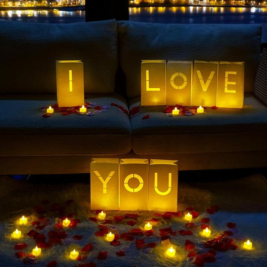 Homemory I Love You Light Up Letters Proposal Decorations with Flameless Candles and 2000 Fake Rose Petals, Valentine's Day Luminary Bags Romantic Decorations Special Night for Wedding Anniversary